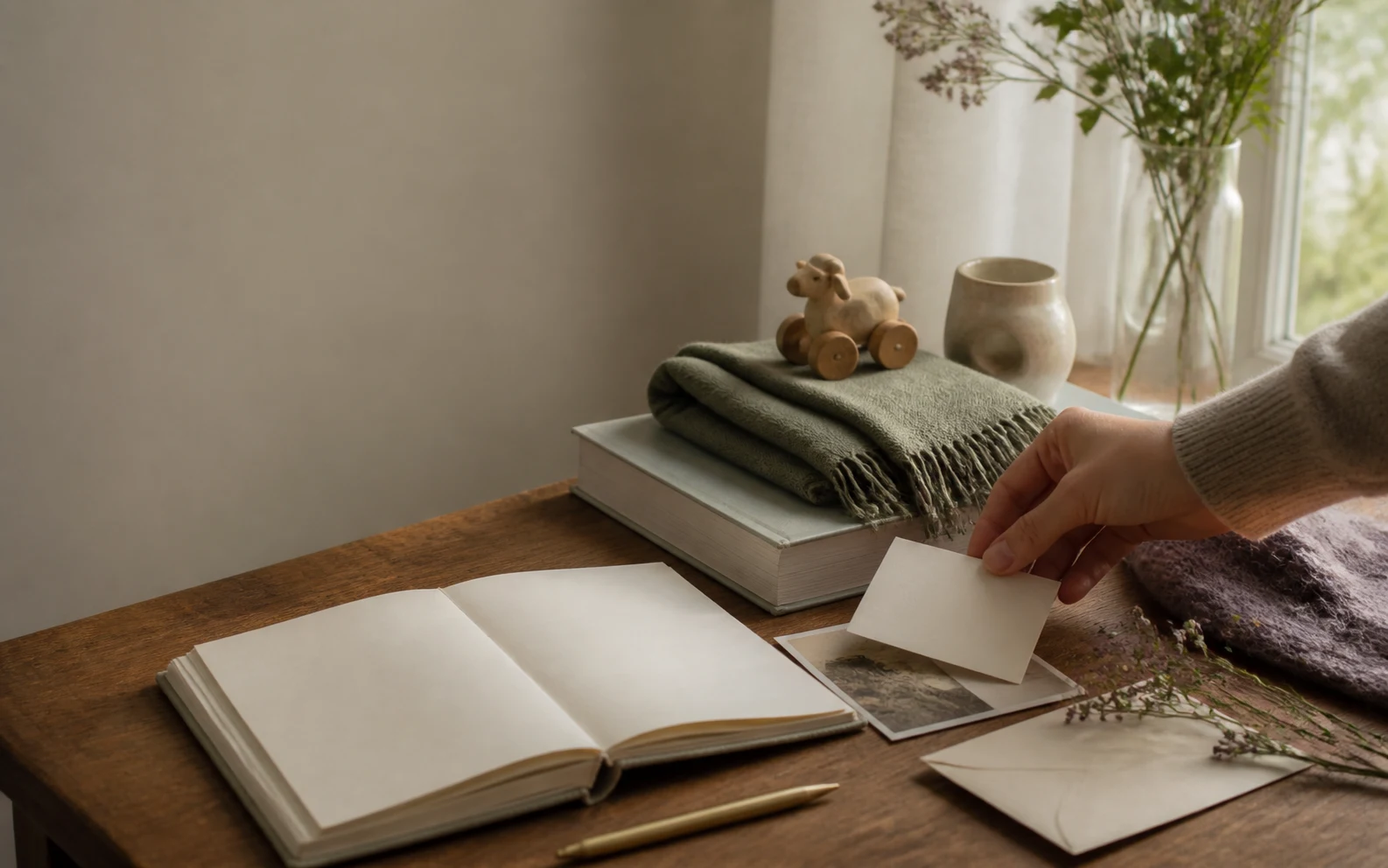A quiet table with a notebook, small keepsakes, a folded scarf, and a hand placing an idea card